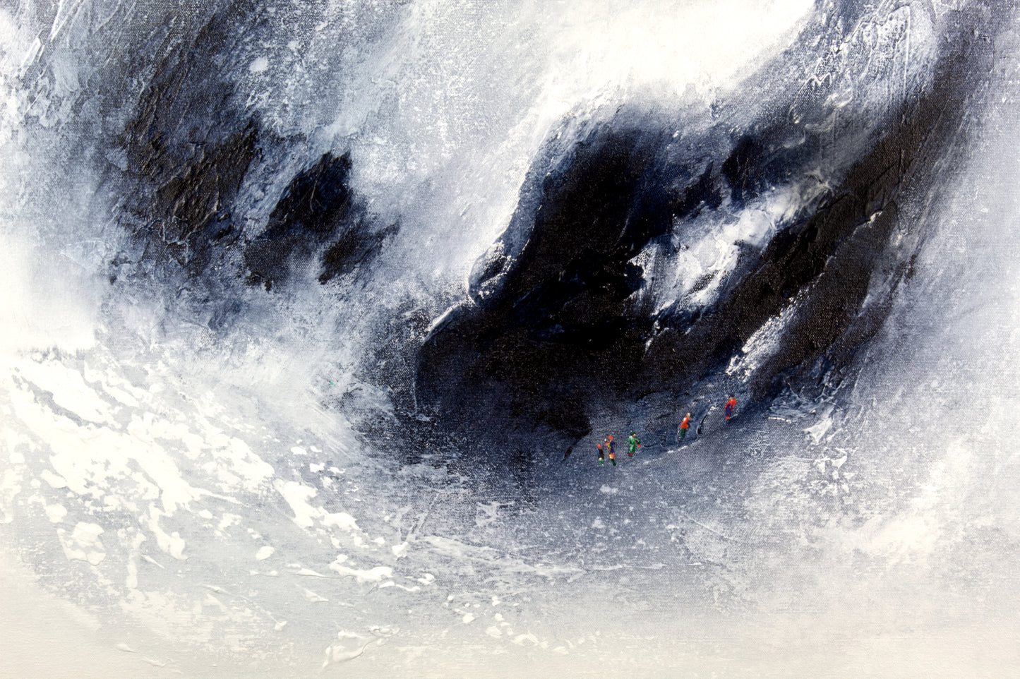 Detail of Echo Valley painting showing the distant group of people in colourful clothing at the foot of this epic and sublime landscape.