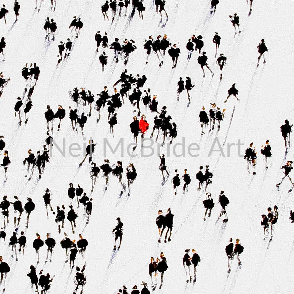 Alone in Crowd Metal Print | Person in red jacket Metal Print