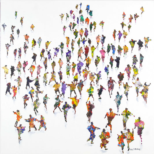 Artistic depiction of people in colorful traditional outfits arranged in a pattern on a white background