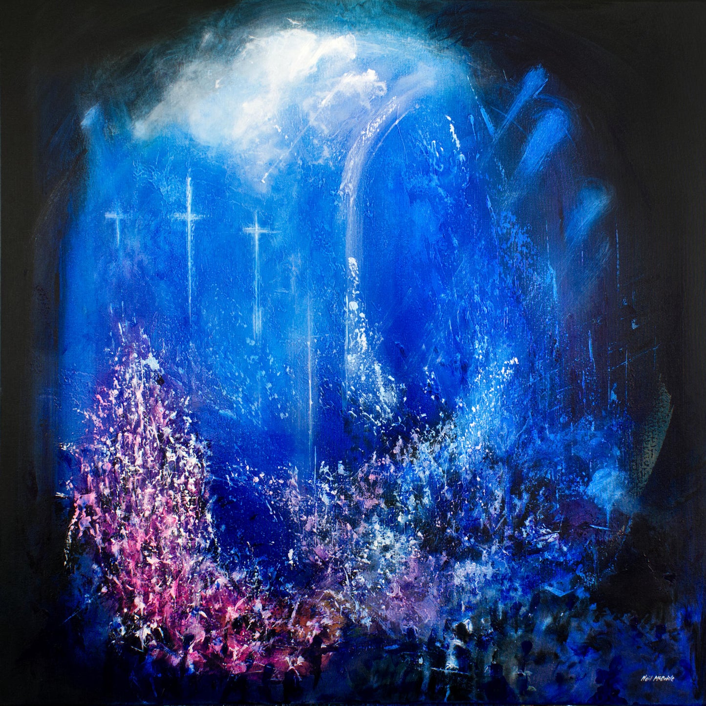 Abstract artwork with blue and purple hues, featuring celestial elements and a crowd of people. © Neil McBride 2026