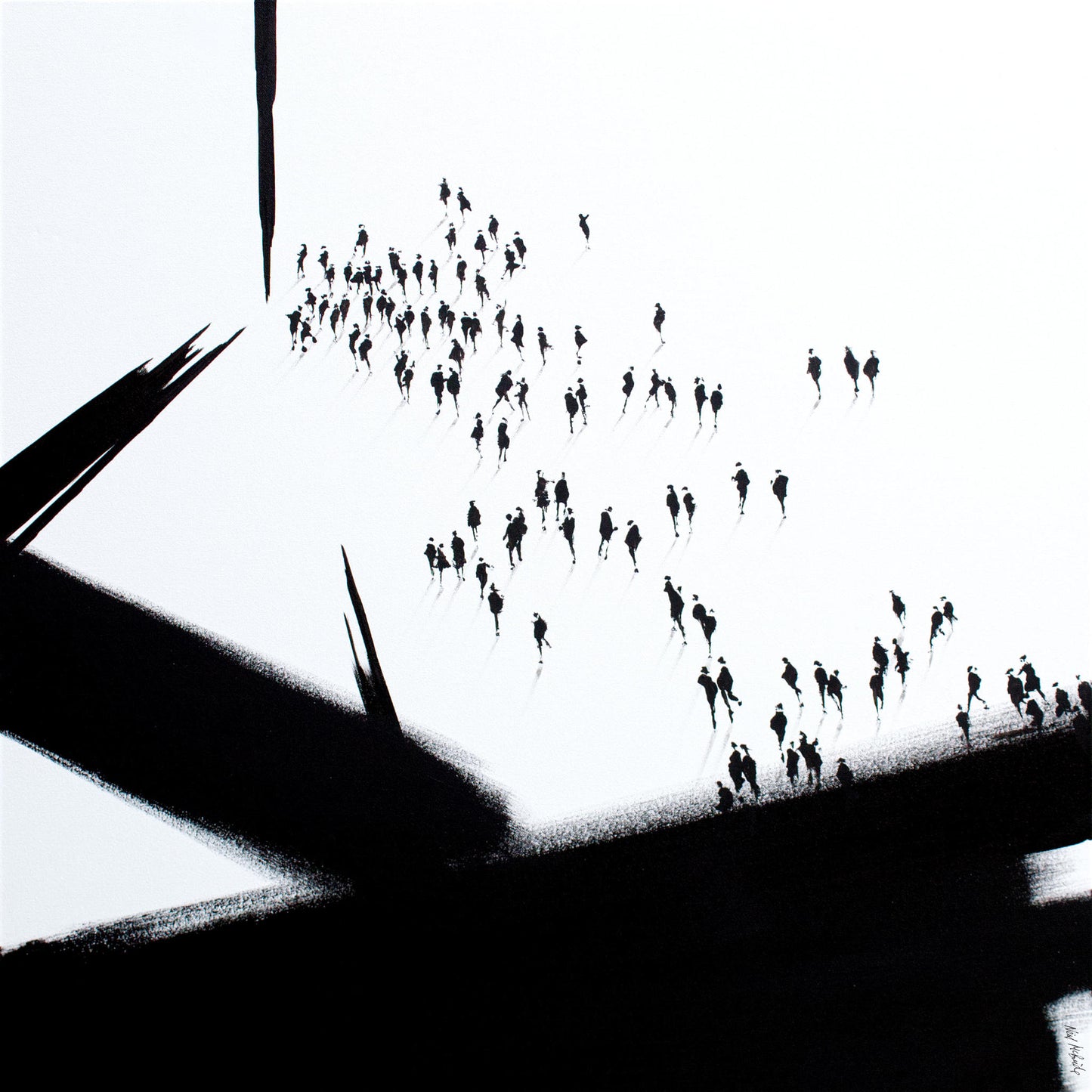 Monochrome original artwork with silhouette of people and abstract architectural forms. © Neil McBride 2026