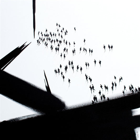 Monochrome original artwork with silhouette of people and abstract architectural forms. © Neil McBride 2026