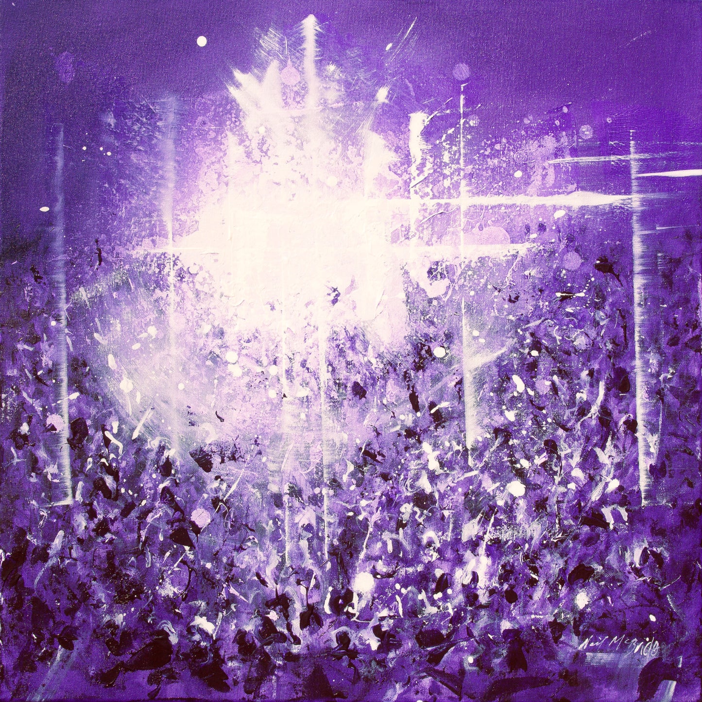 Violet Vibe is a 60 centimetre original abstract painting on canvas featuring a crowd of purple coloured people dancing in a nightclub with strong lighting and a dark background. © Neil McBride 2026
