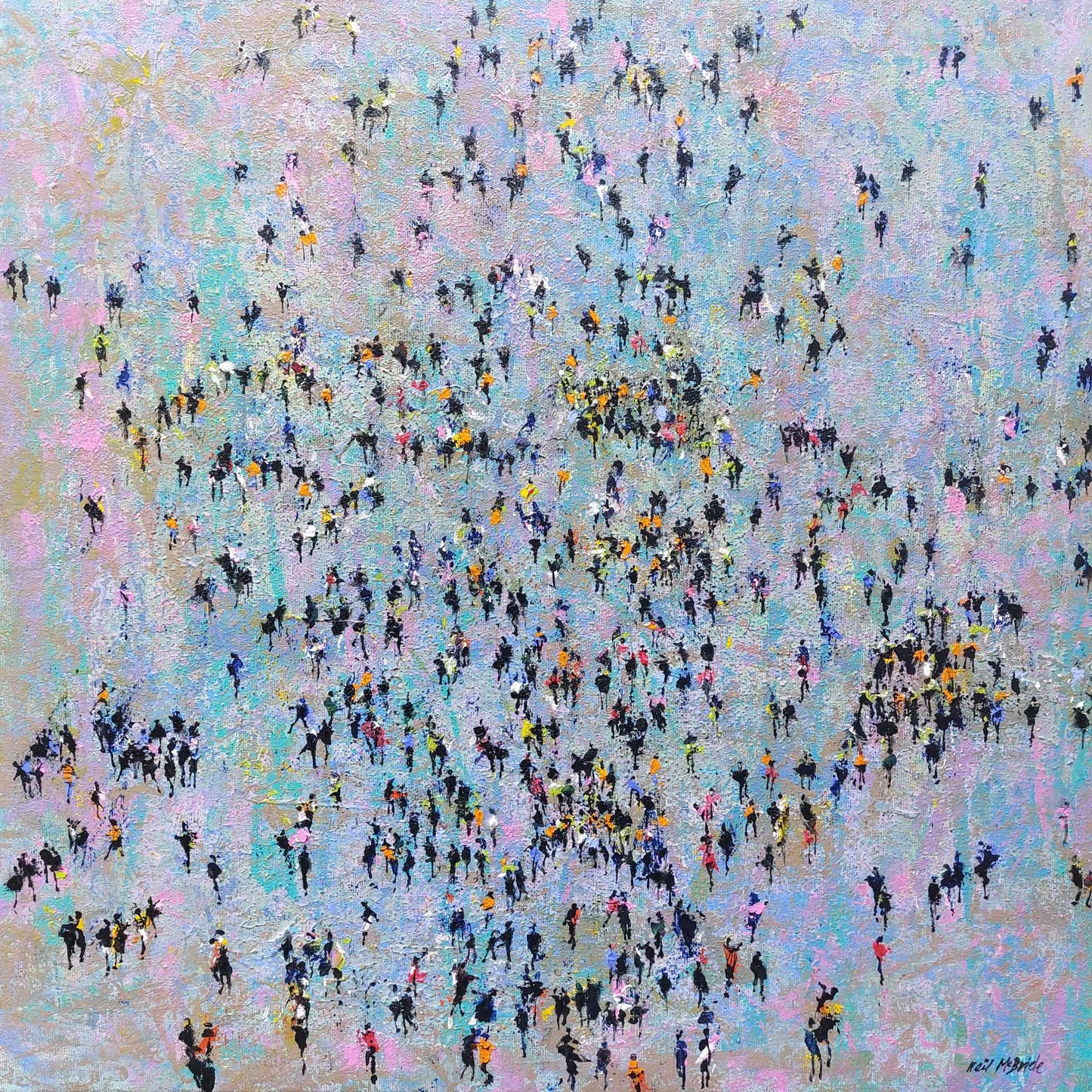 Crowds of people art on pink blue and green canvas for sale — Tickled Pink by Neil McBride Art