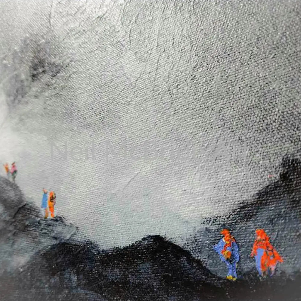 Detail of Walking Buddies original painting on canvas featuring colourfully dressed walkers in a grey landscape..