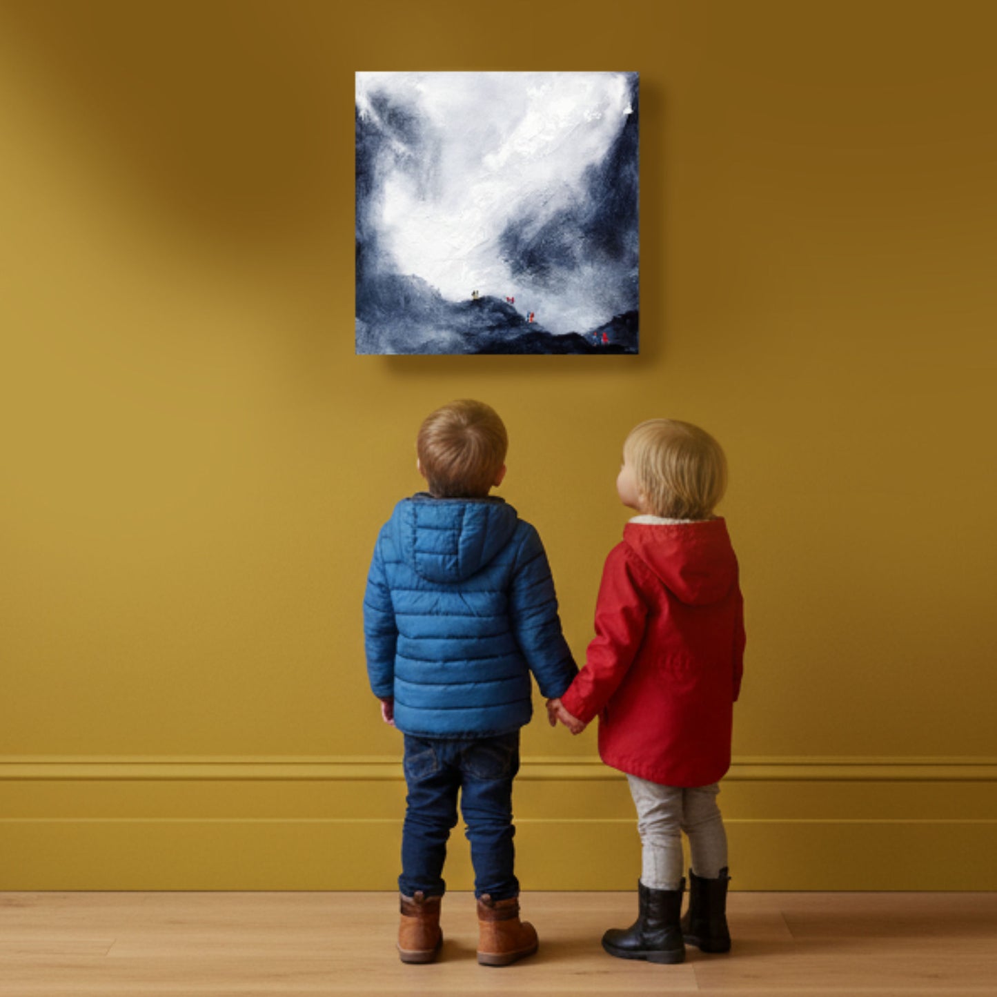 Beautifully displayed on a sunny yellow wall; Walking buddies is a painting on canvas being viewed by two of the next generation of Walking Buddies.