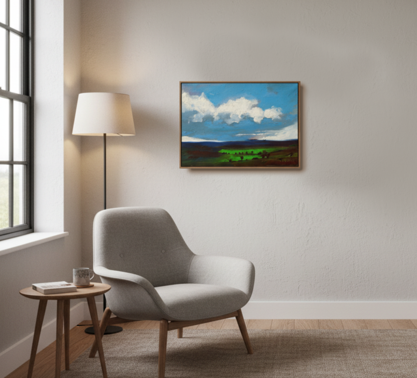 Changes by Neil McBride; a contemporary landscape painting displayed in the corner of a small room setting. Cosy.
