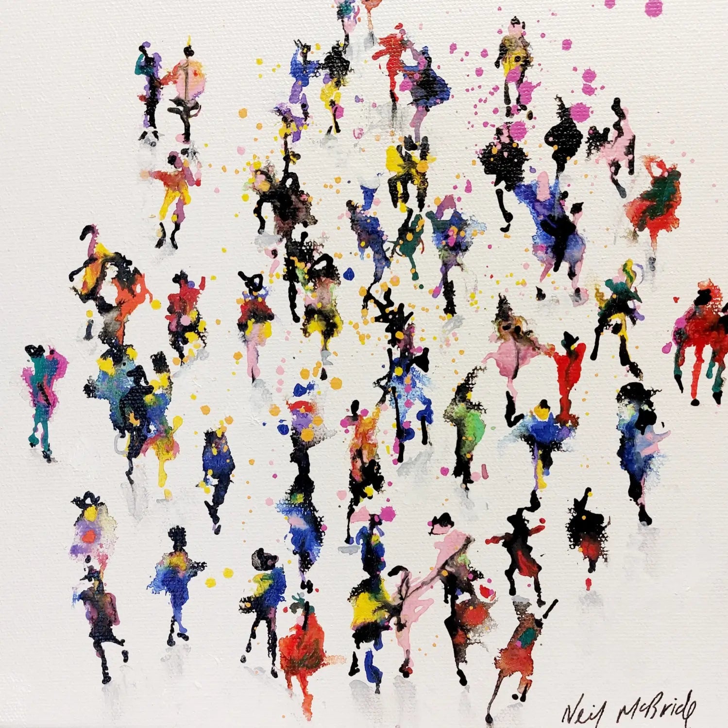 Carnival. Colorful abstract painting of people dancing on a white background. © Neil McBride 2026