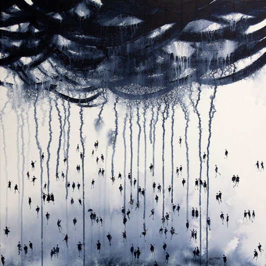 Cloud Burst original semi-abstract weather themed painting with black cloud and rain falling on a crowd of people. A monochrome colour palette.