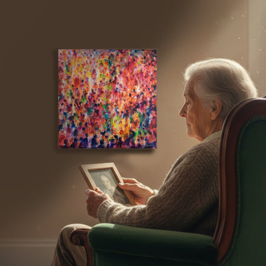 Senior citizen sitting in a chair holding a photo with a colourful abstract painting, titled Vigil, on the wall.