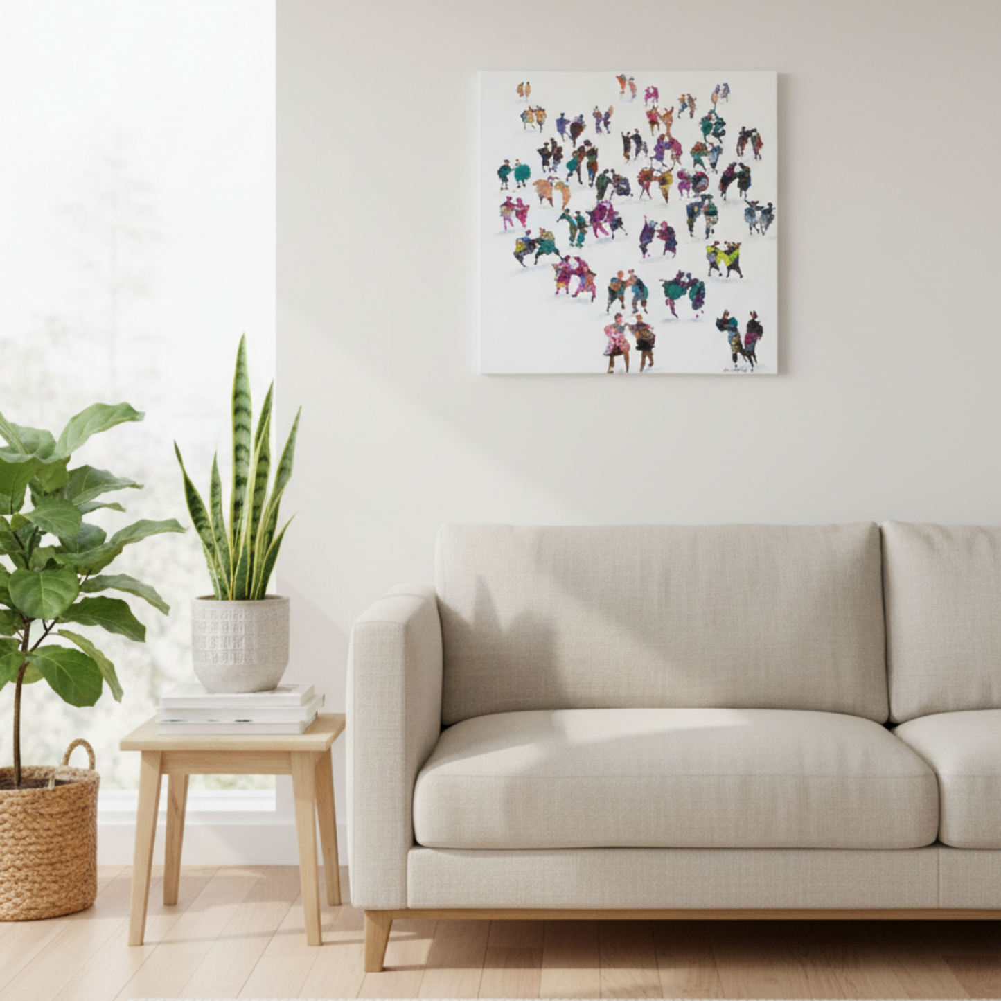 Original painting of colourful abstract crowd of people dancing on a white background. Displayed in a scandi style room. © Neil McBride 2026