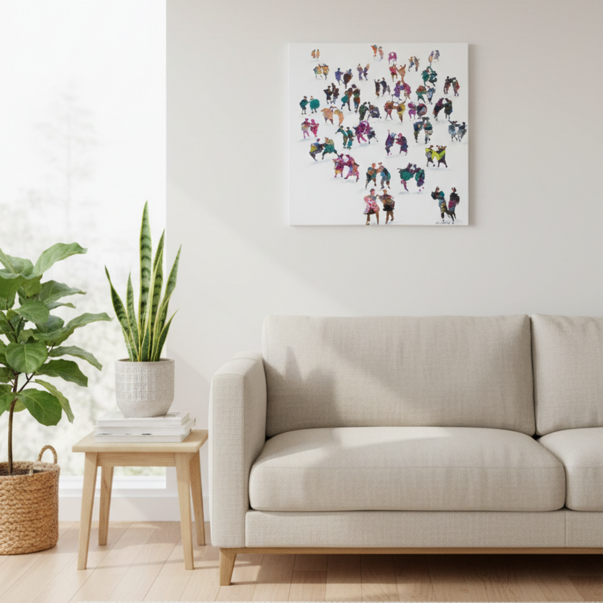 Original painting of colourful abstract crowd of people dancing on a white background. Displayed in a scandi style room. © Neil McBride 2026