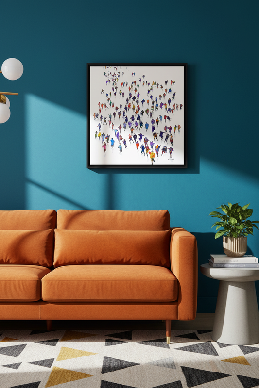 Breakout — original painting of a happy crowd of colourful dressed people running towards you. © Neil McBride 2026