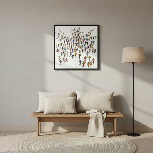 Celebrating Tradition — A crowd alive with colour, movement, and belonging in room of traditional materials.