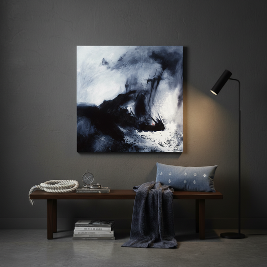 Shipwreck semi abstract painting in a contemporary nautical styled room setting.