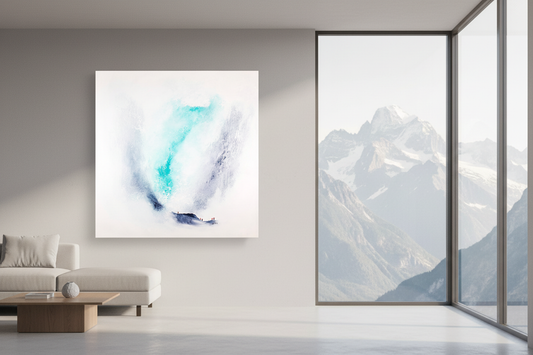 Force of Nature painting in minimalist grey interior with mountain view. ©neil mcbride 2026