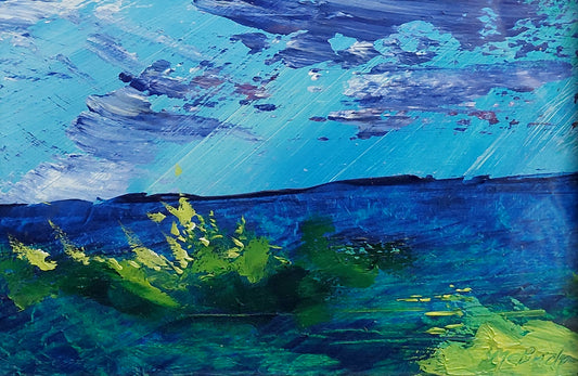 Original Neil McBride moorland painting showing a twilight sky over the Yorkshire moors, acrylic on board