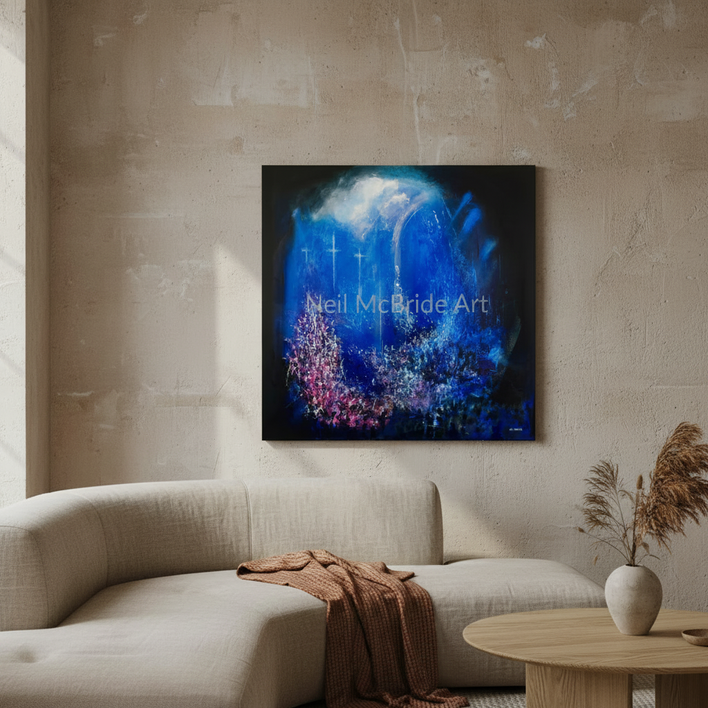 Expression of Faith painting displayed in a Soft Brutalist interior - © Neil McBride Art 2026