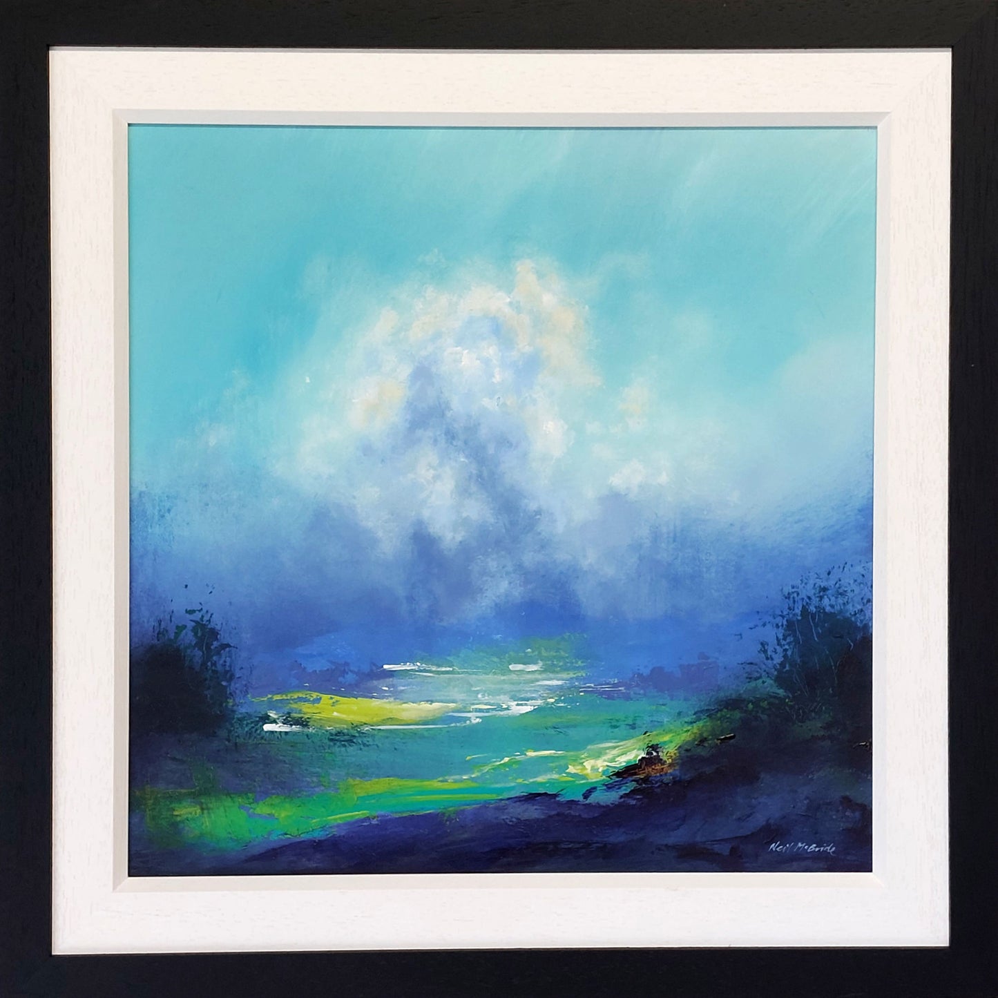 Framed painting of a landscape with a blue sky and green fields. After The Storm © Neil McBride 2026