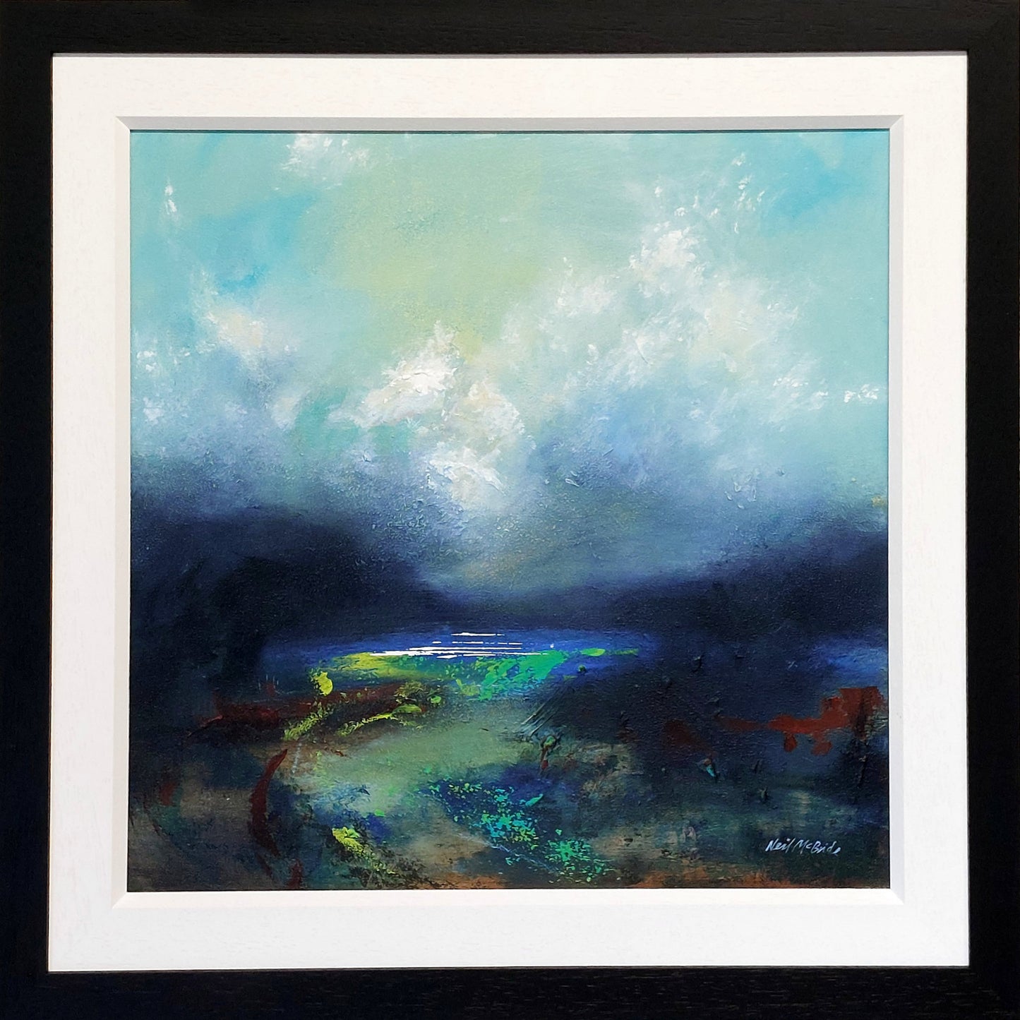 Abstract painting with blue, green, and white colours in a black frame with white slip. Before The Storm © Neil McBride 2026