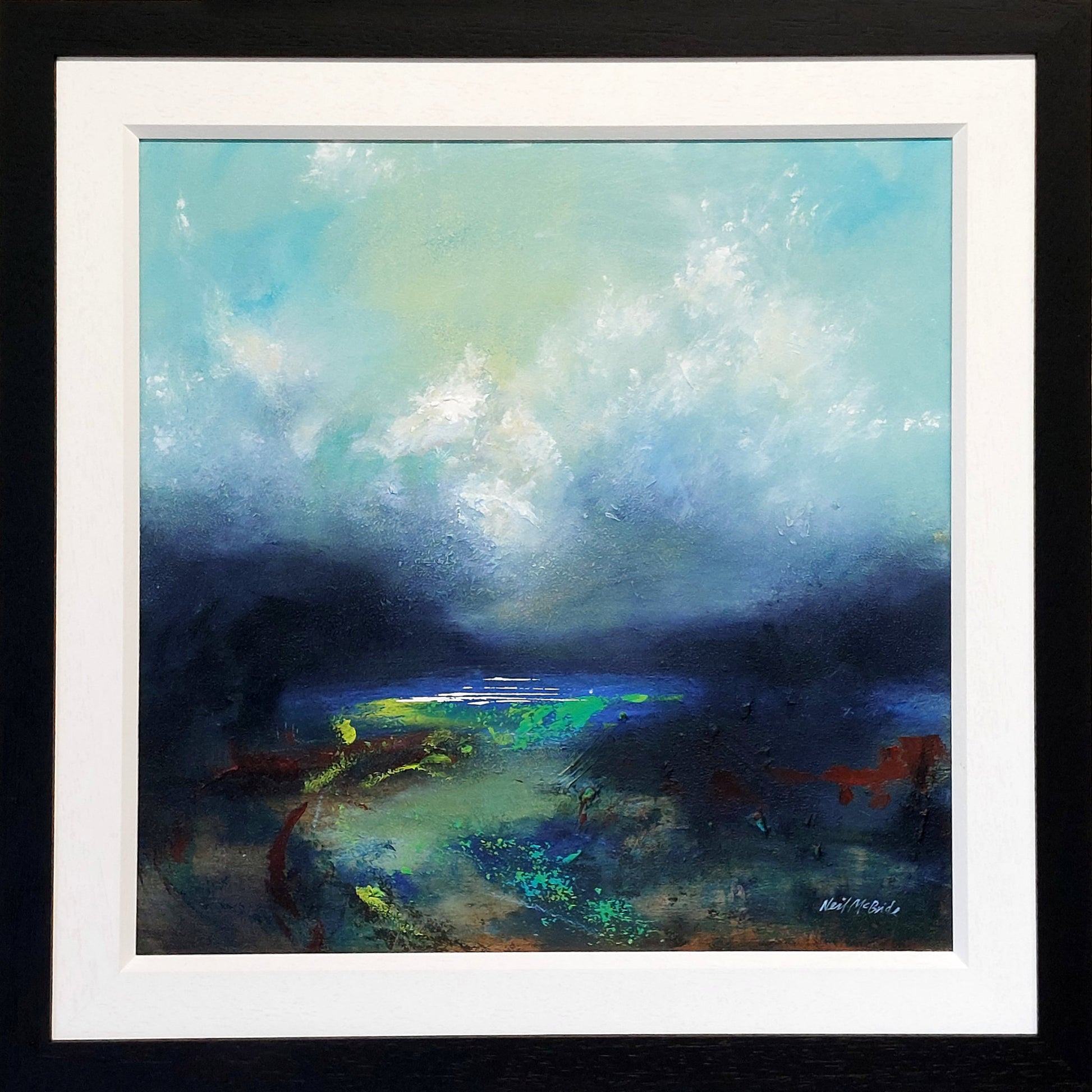 Abstract painting with blue, green, and white colours in a black frame with white slip. Before The Storm © Neil McBride 2026