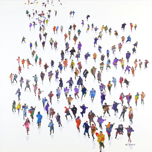Artistic depiction of people in colorful clothing forming a hidden heart shape on a white background by artist Neil McBride