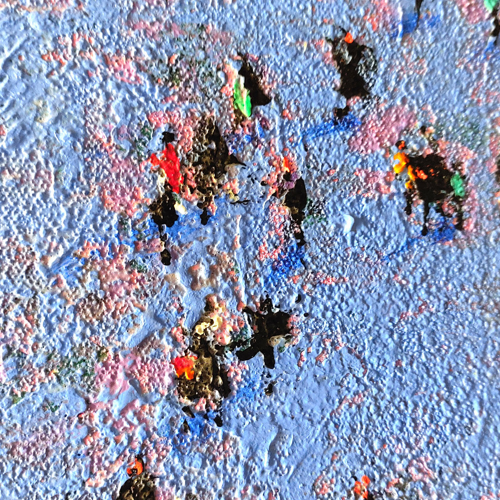 Colourful abstract pattern on a textured surface. A detail photo showing the deep texture of Gender Parity, an original painting by Neil McBride