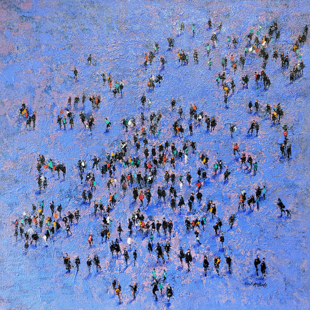 People forming the shape of a heart on a blue background. Titled Gender Parity © Neil McBride 2026