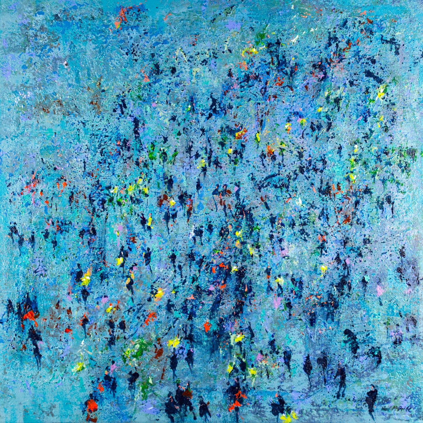An abstract expressionism painting of a crowd of people made of close colour values to create a harmonious whole.
