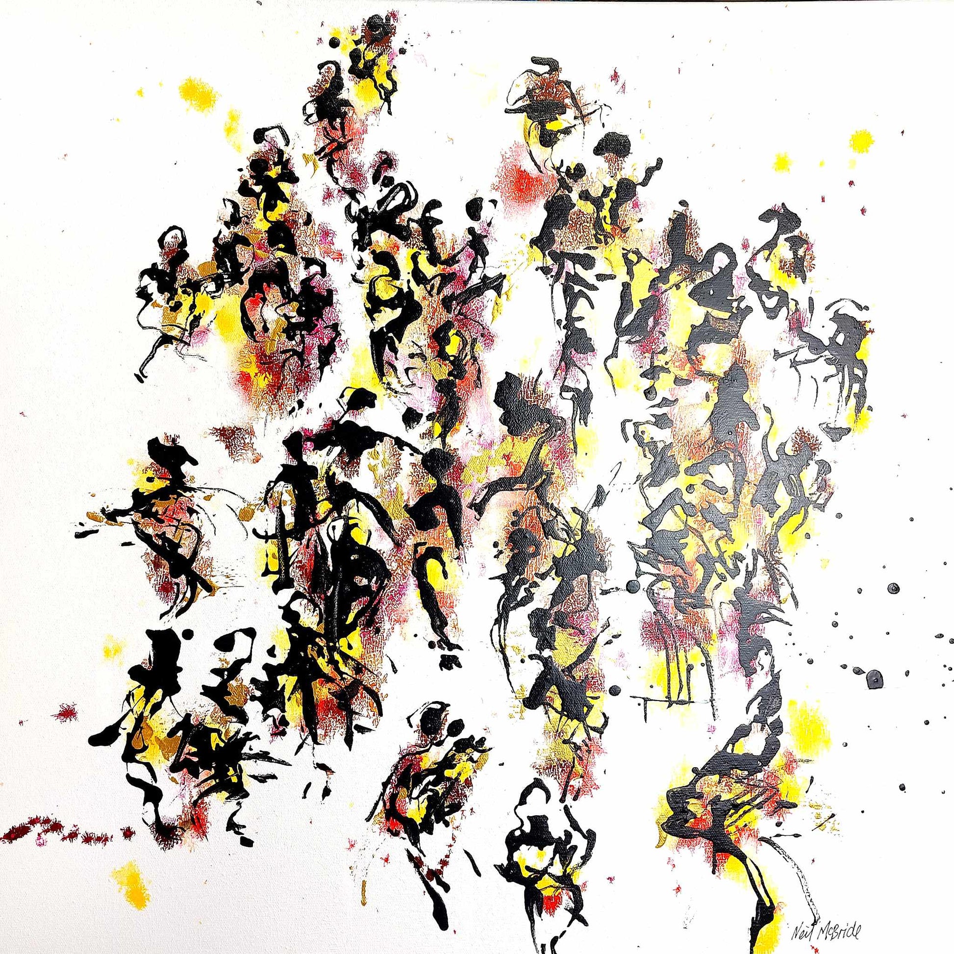 Abstract artwork with black, yellow, gold and red figures on a white background. A hedonistic expression of dance.