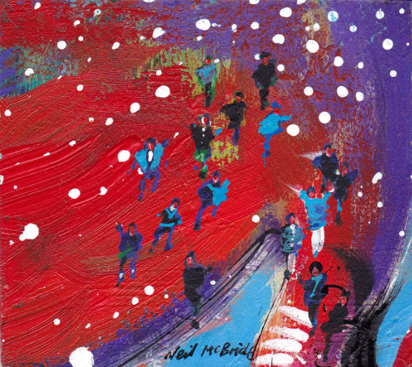 Miniature painting of people on colourful beach. For Sale from by UK artist © Neil McBride 2026