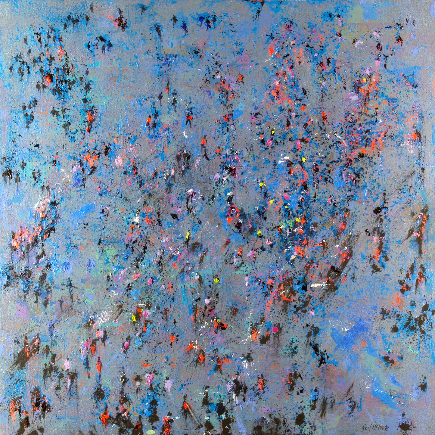 Kind of Blue. Abstract artwork with a crowd of people in various colours on a textured background.