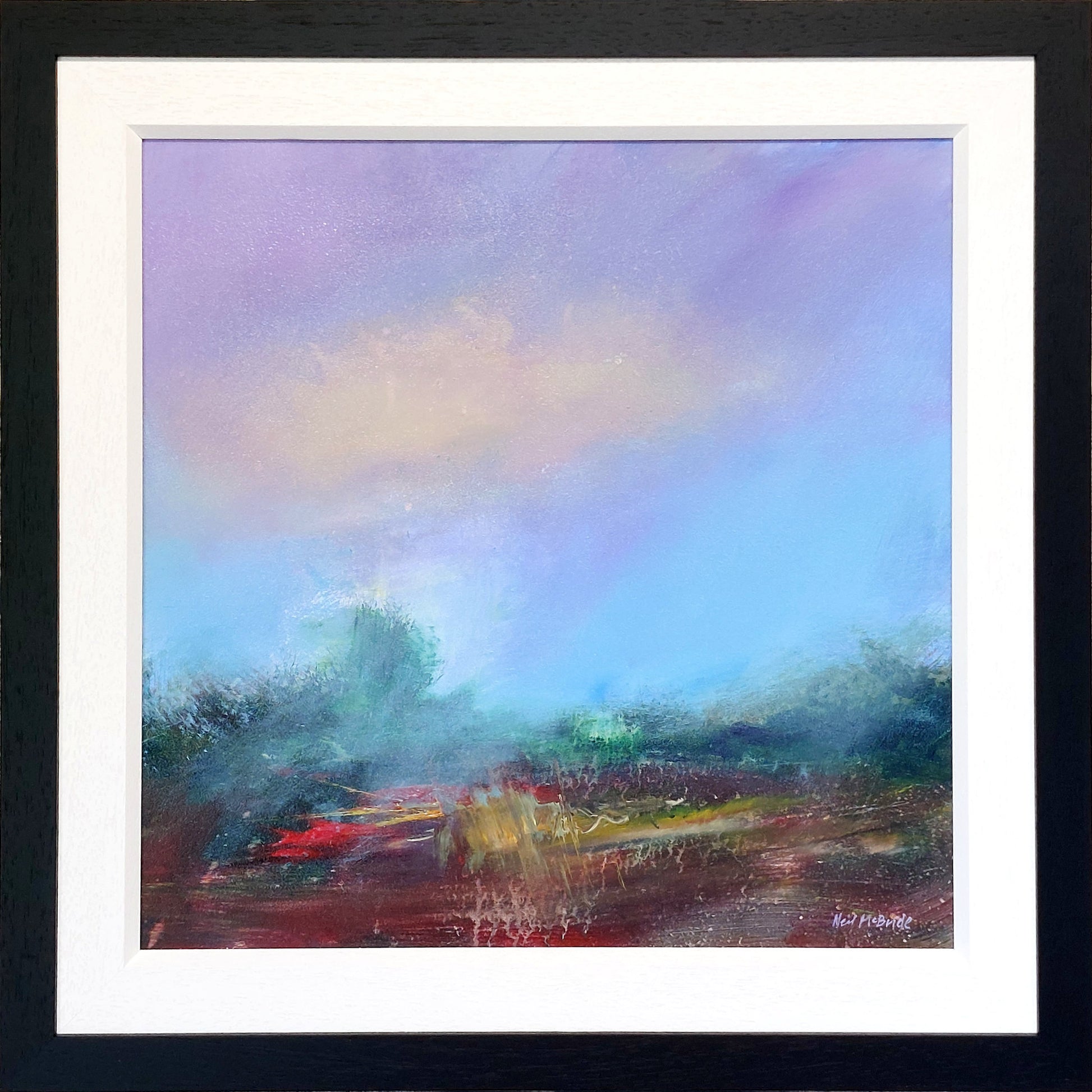 Framed abstract painting with a colourful UK landscape and sky. For Sale. © Neil McBride Art 2026