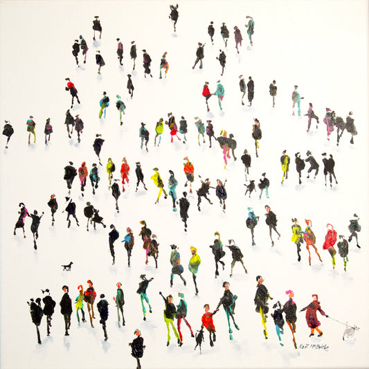 Little Lost Dog amongst a crowd of people. Another one of Neil McBride's original paintings. © Neil McBride 2026