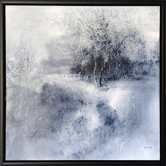 Abstract landscape painting with blue and grey tones, featuring trees and a misty atmosphere. Set in a black tray frame. © Neil McBride 2026