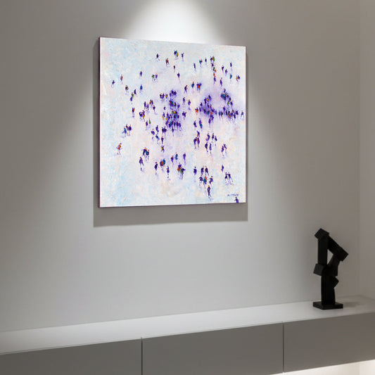 Search is a painting full of people displayed on a light grey wall with a black sculpture on a shelf below.