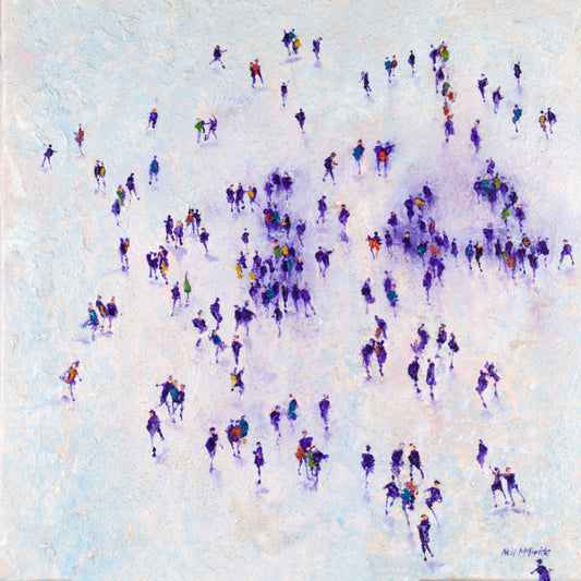 Search is an exploration of the intersection of figuration and texture. Purple coloured figures emerge from a subtle coloured lilac and blue background which is deeply textured .