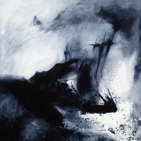 Abstract black and white painting with a ship in the centre and a small group of three people, in bright coloured clothes,  at the bottom right. © Neil McBride 2026