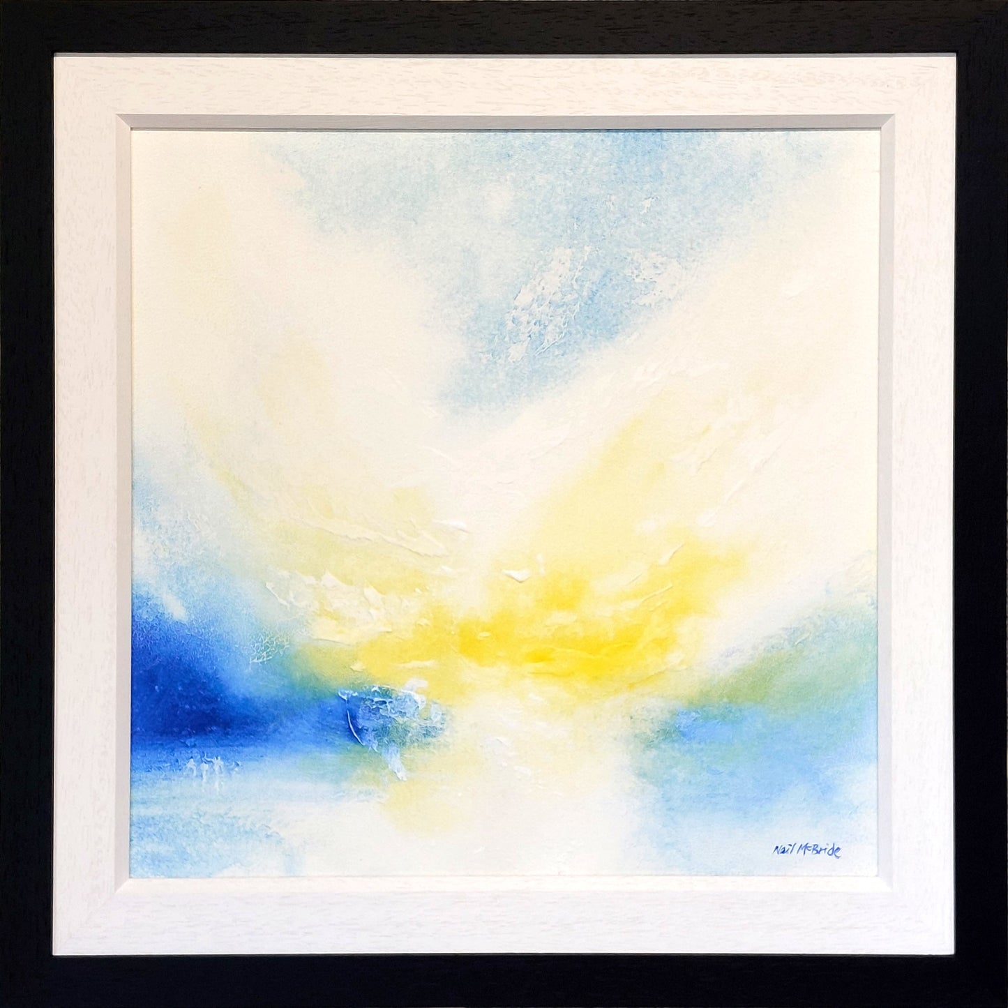 Sunburst. Framed abstract landscape artwork with blue and yellow hues. For sale from UK artist © Neil McBride 2026