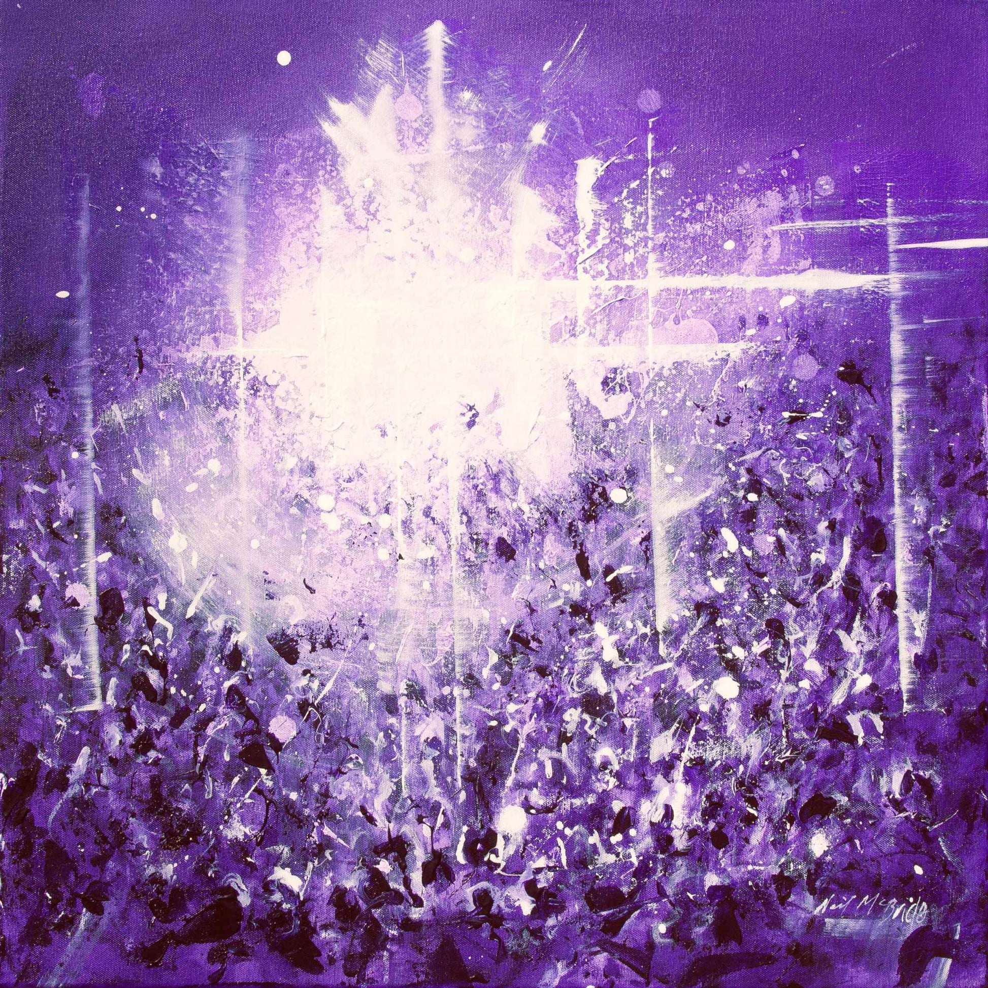 Violet Vibe - original acrylic painting of a music concert crowd in violet and purple tones, 60x60cm framed canvas by Neil McBride