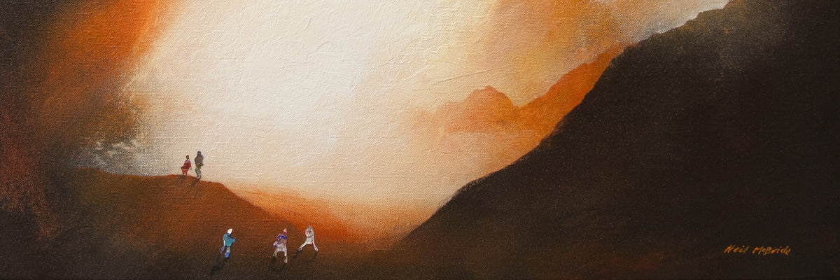 An oil painting of a dramatic mountain cave landscape. featuring a glowing orange and yellow shaft of light and small figures on the cave floor Signed 'Neil McBride' in the bottom right corner.
