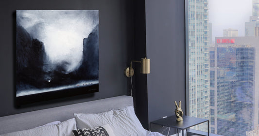 Mist Rising Over Black Lake is a contemplative landscape painting of mountains behind a deep black lake. Note the small group of people in the bottom right corner of the picture.