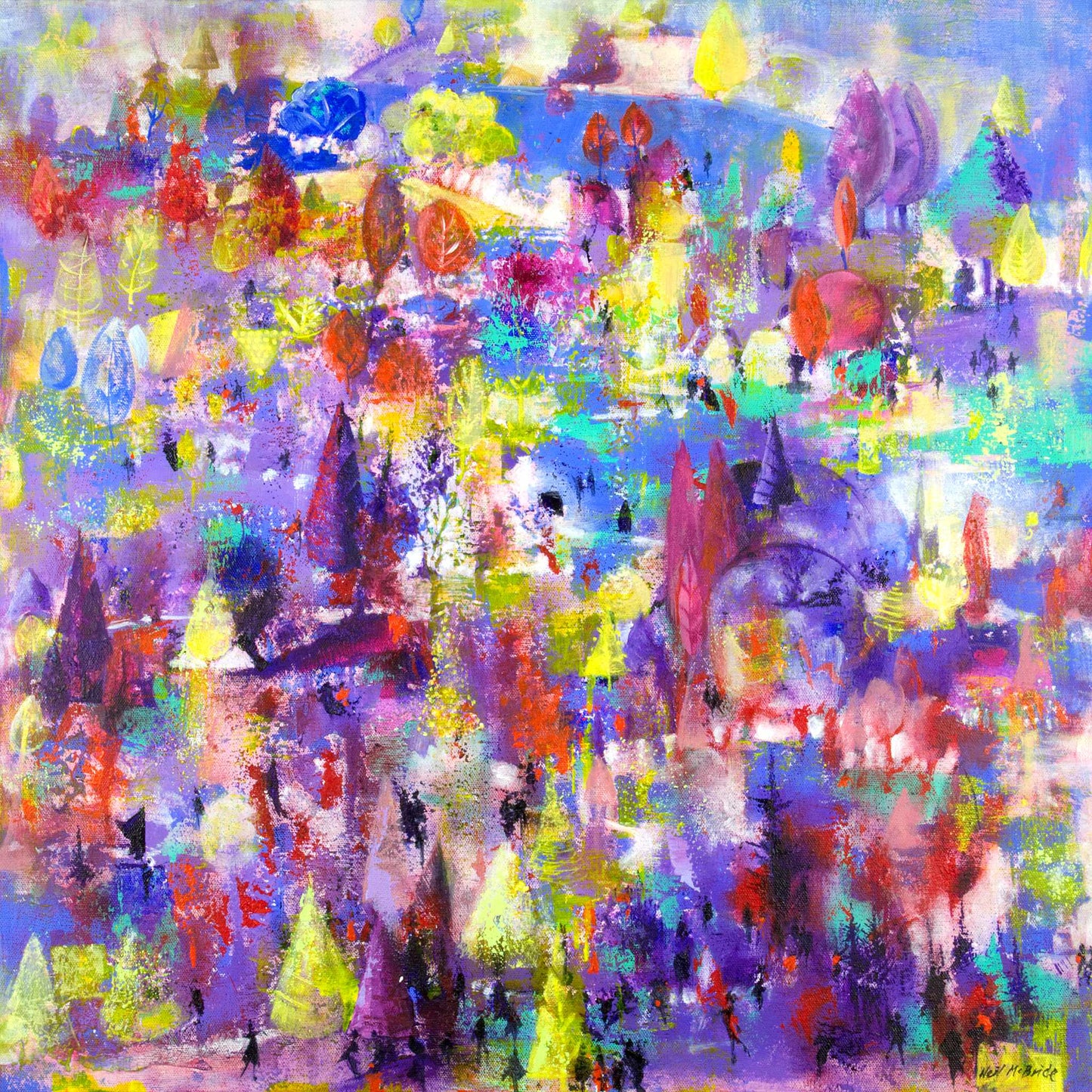 Different Strokes, flattened perspective painting on canvas © Neil McBride 2026 An abstract landscape painting featuring stylised trees and hills rendered in a vibrant, textured mix of purple, blue, green, yellow, red, and pink brushstrokes.