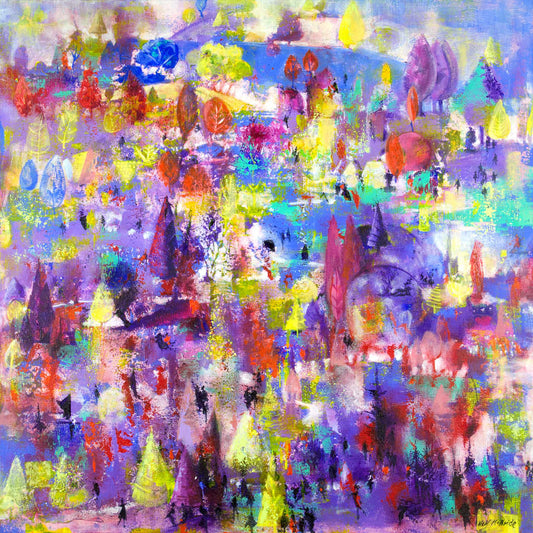 Different Strokes, flattened perspective painting on canvas © Neil McBride 2026 An abstract landscape painting featuring stylised trees and hills rendered in a vibrant, textured mix of purple, blue, green, yellow, red, and pink brushstrokes.