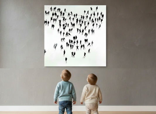 Family Ties original painting of a silhouetted crowd on canvas being studied by two inquisitive toddlers.