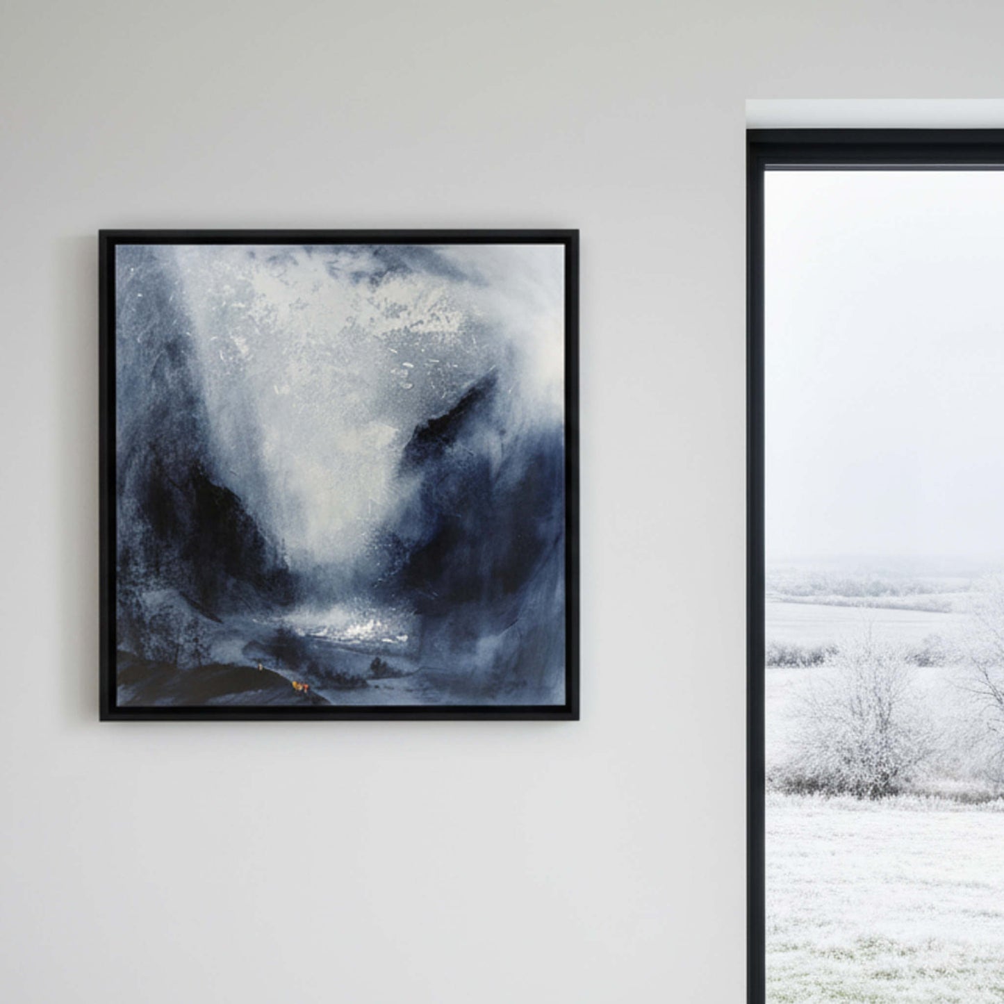 Framed abstract artwork on a wall beside a window onto a wintry landscape. For Sale by UK artist © Neil McBride Art 2026