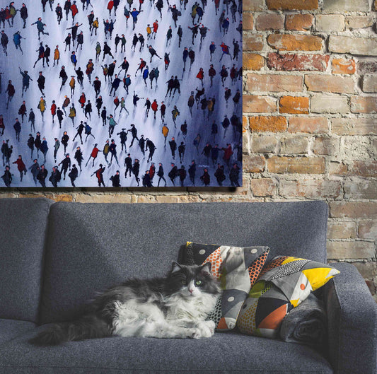 Painting of a Matchmaking crowd of people on a Brick wall behind a loveable cat on the sofa.