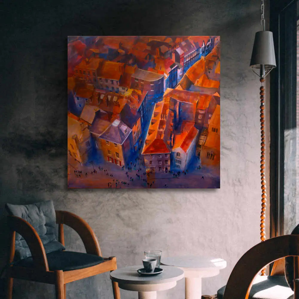 Artwork of the terracotta rooftops of York UK displayed on a contemporary living room wall