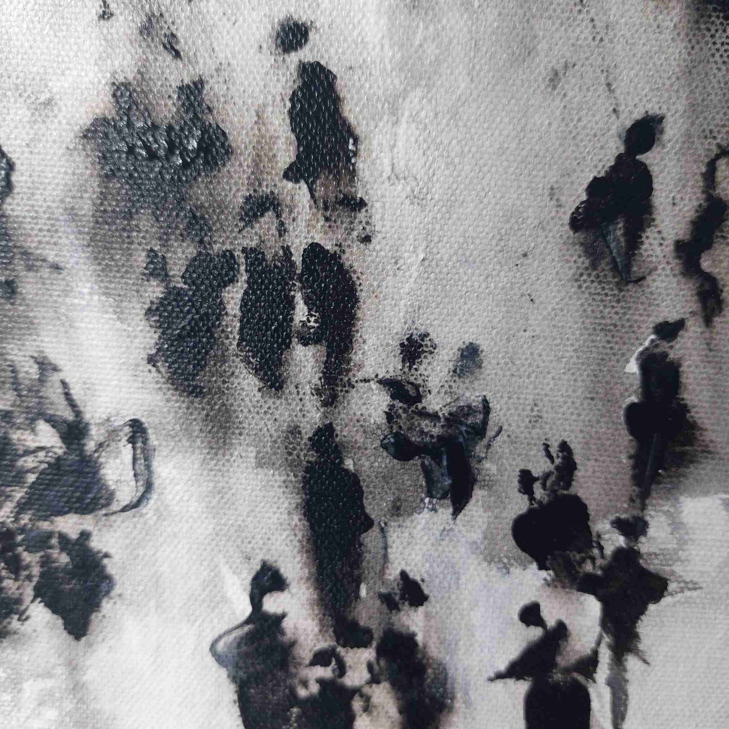 Abstract black brushstrokes on a textured off-white canvas background, creating a painterly, high-contrast pattern of silhouetted human figures. A Neil McBride Art original.