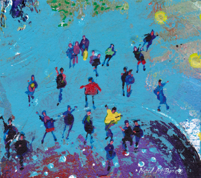 A guy in a yellow Gansey surrounded by friends on a colourful Guernsey beach. Miniature painting on board. For Sale by UK artist © Neil McBride 2026